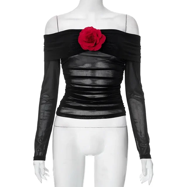 Appliques Floral Strapless Mesh See Through Long Sleeve Crop Tops