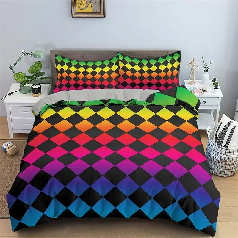Abstract Geometric Duvet Cover Microfiber Queen Bedding Set For Boys Girls Room Rainbow Plaid Print Quilt Cover With Pillowcase 6