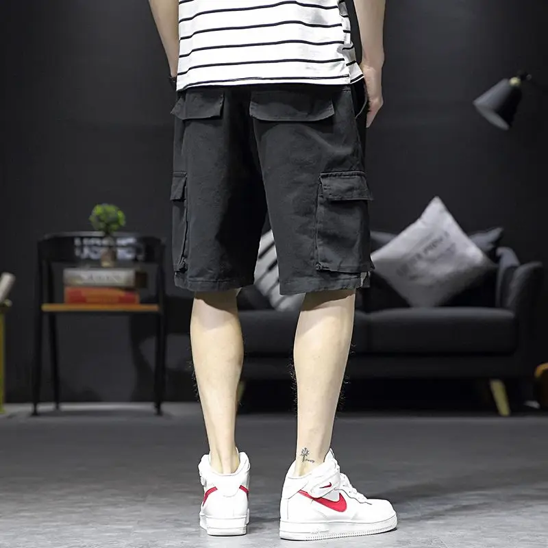 Summer Solid Color Fashion Elastic Waist Straight Pants Man High Street Casual Loose Pocket Drawstring Printing Cotton Shorts