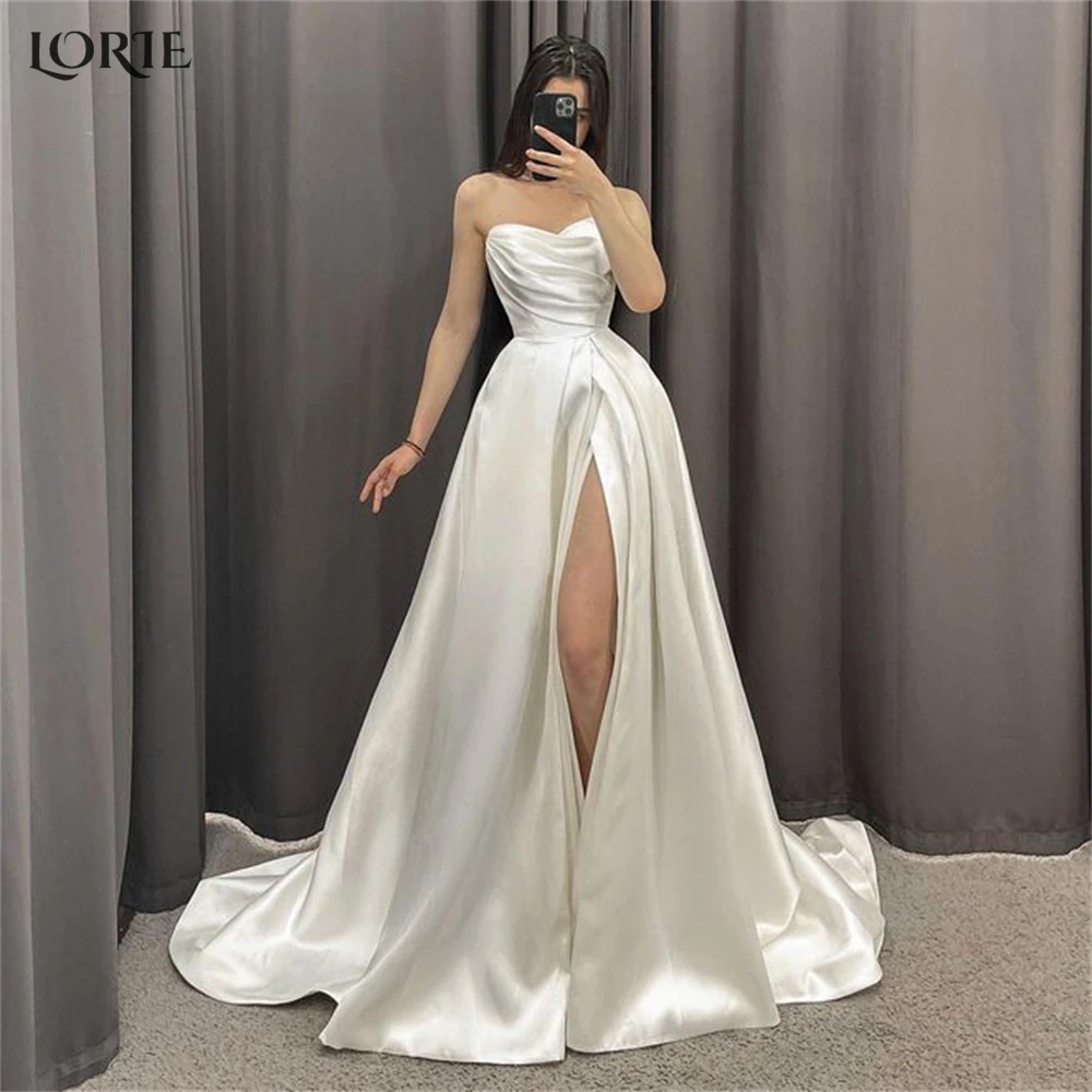 

LORIE Solid Satin Wedding Dresses A-Line Ruched Off Shoulder Sweetheart Backless Bridal Gowns High Side Slit Princess Bride Gown