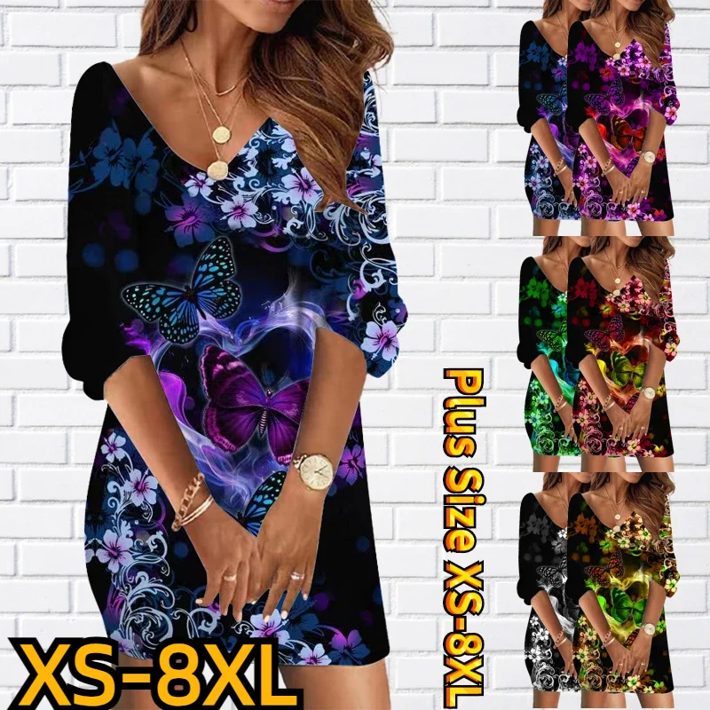 

Autumn Winter Women's Daily Street Fashion Dress Seven-quarter Sleeve Skirt New Design Printed Mini Skirt V-neck Short skirts