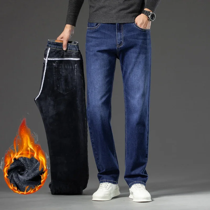 Winter Men Warm Flannel Stretch Straight Jeans Casual Fleece Baggy Pants Classic Plus Size Denim Trousers Male Brand Clothing 6