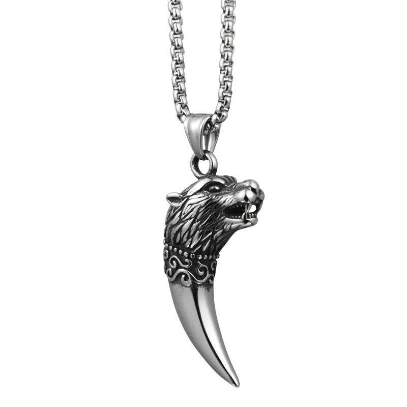 

Vintage Mens Viking Wolf Head Tooth Teeth Pendant Stainless Steel Chain Necklace Accessories Free Shipping