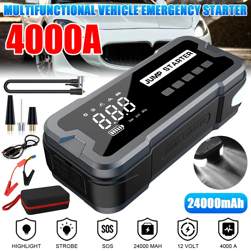 12V Car Jump Starter Air Pump 4000A Cylinder Inflatable Pump with Air Compressor Jumper Box 24000mAh Power Bank Battery Charger