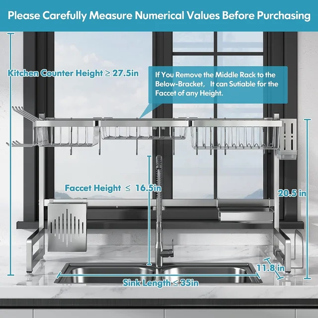 BOOSINY Over Sink Dish Drying Rack, Adjustable (25.6-35.5) 3