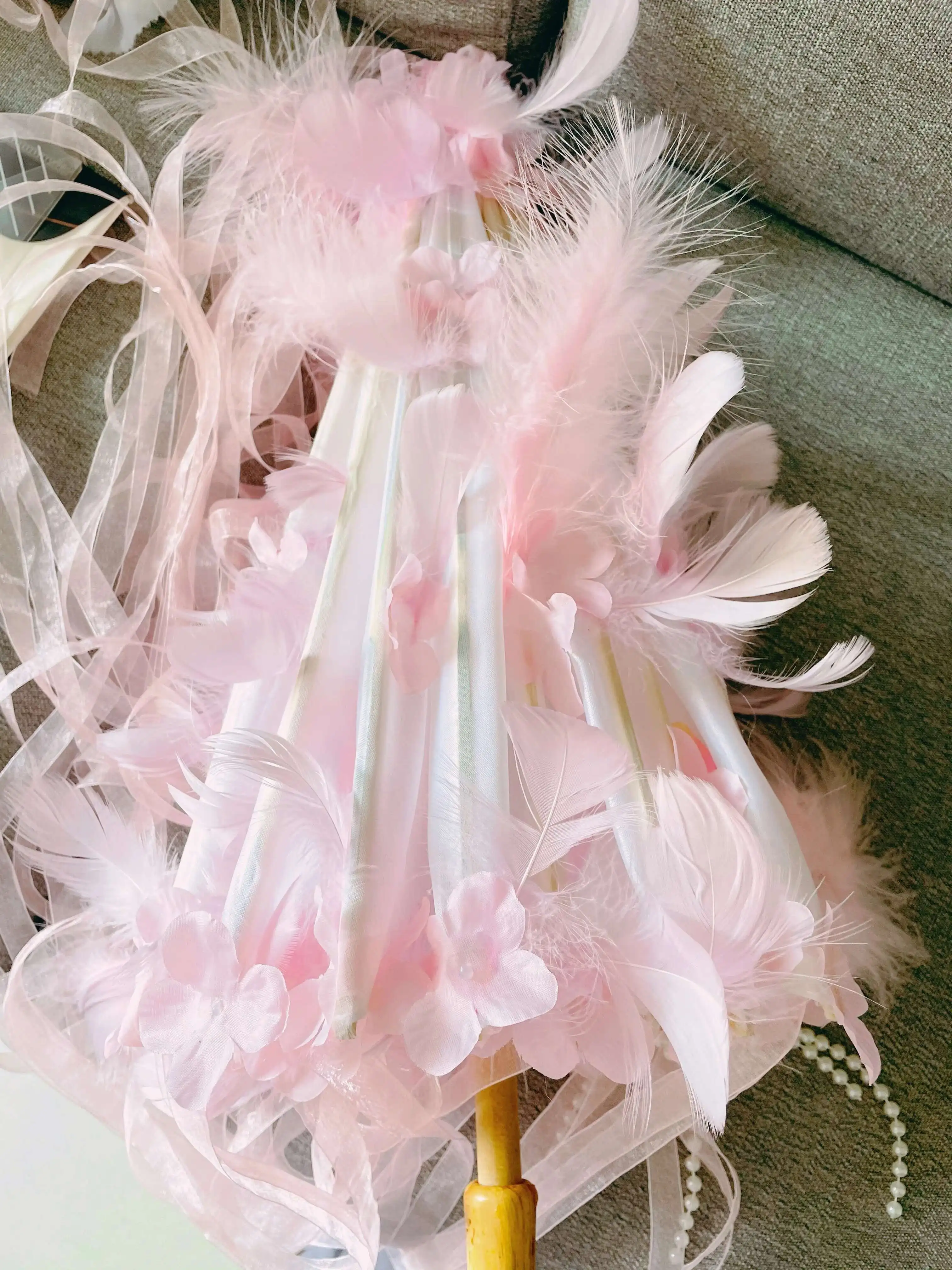 Pink Wedding Lolita Hanfu Costume Ribbon Bead Feather Oil Paper Props Chinese Beach Umbrella Parasol Guarda Chuva Parapluie