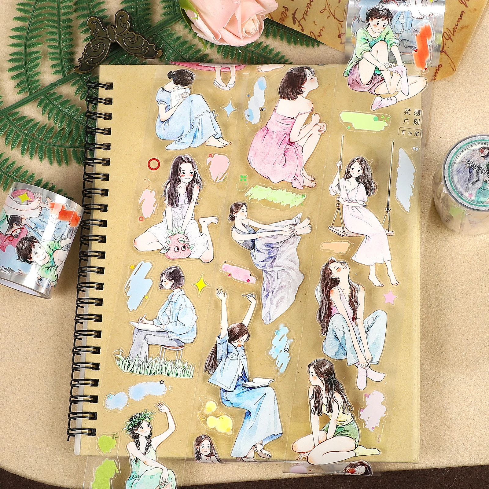 50mm*6m 카와이 소녀 캐릭터 풍경 PET 테이프 창의적인 DIY 저널 재료 콜라주 스크랩북 문구류