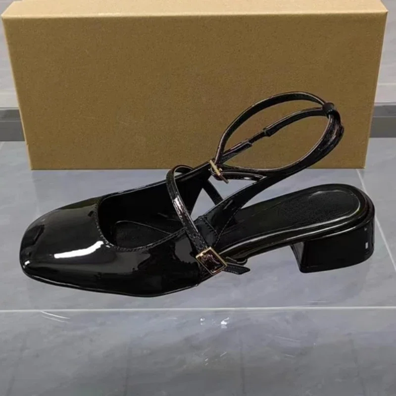 Retro Square Toe Women Mary Jane Shoes Summer Fashion Ankle Strap Thick Heels Elegant Black Slingbacks Ladies Sandals