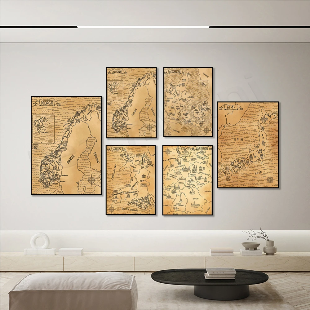 Vintage Svizzera, Danimarca, Paesi Bassi, Germania, Norvegia, Galles, Canada, Italia, Francia Mappa Poster Stampa Su Tela