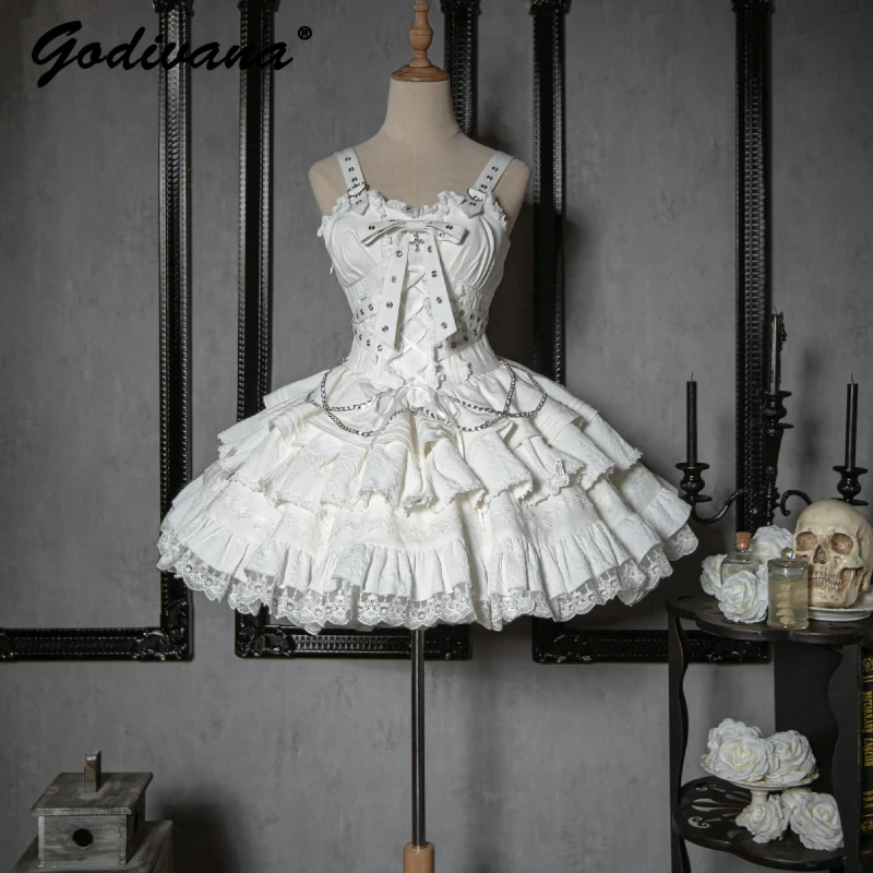 

Lolita JSK Dress New 2024 Spring Summer Gothic Bow Slim Spaghetti Strap Pettiskirt Sweet Girl Women's Short Dresses