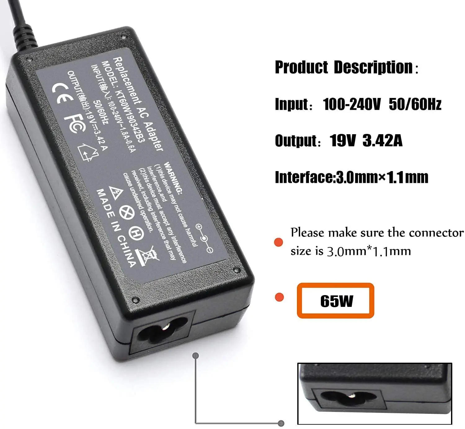 Ac Adapter Laptop Charger Power Supply 19V 3.42A 65W For Acer Chromebook/Flagship 11 13 14 15:CB3 111 131 132 431 532