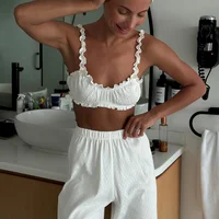 HiLoc Casual White Pants Sets With Ruffles Bra Pajamas For Women Summer Crop Top Sleepwear Wide Leg Pants Two Piece Sets 2025 - Image 3