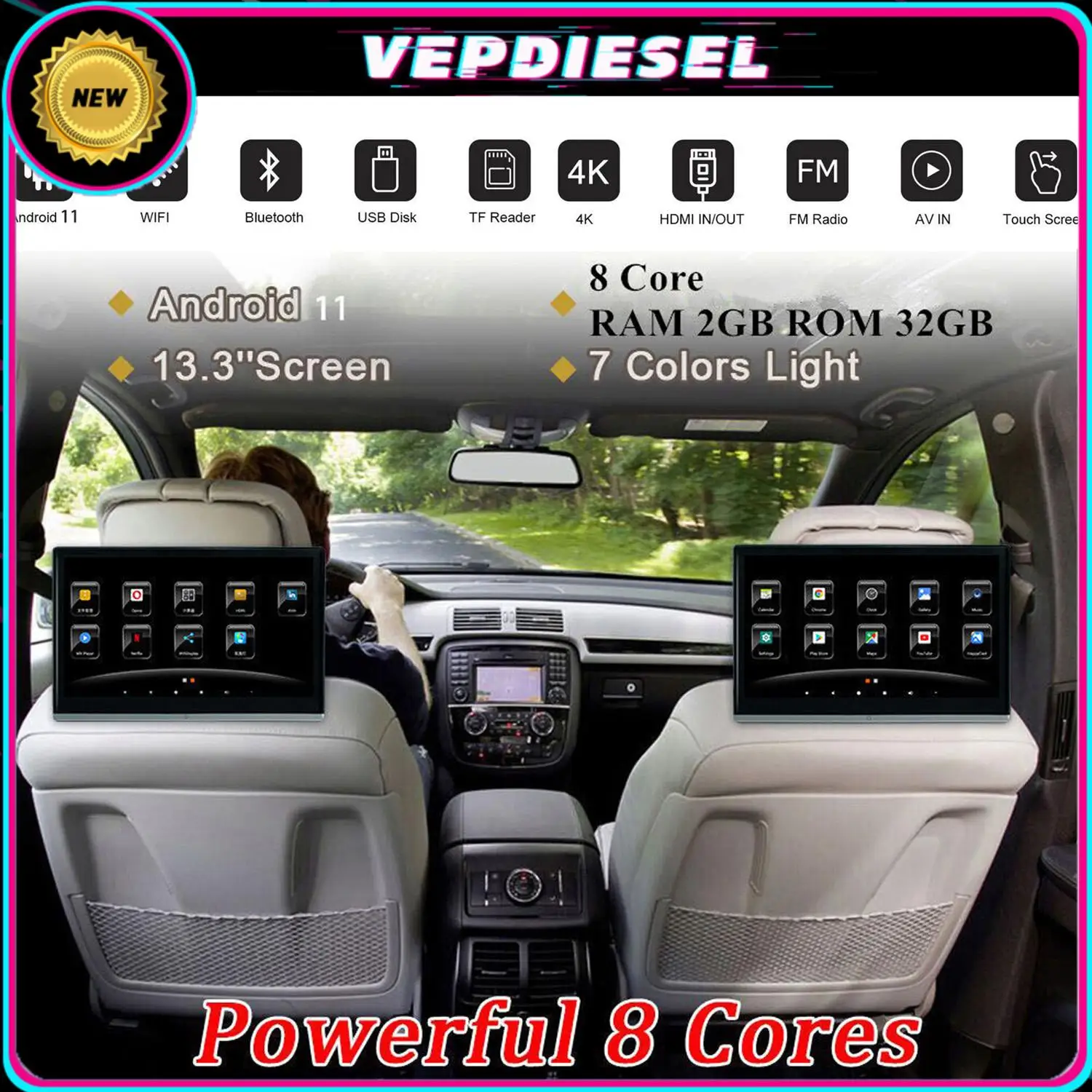 

13.3" New Android 11.0 Headrest Monitor IPS Tablet Touch Screen Car Rear Seat Display Multifunction Entertainment Video Player