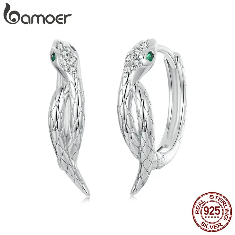 BAMOER 925 Sterling Silver Snake Hoop Earrings for Women Green Zircon Eyes Lightweight Ear Buckles Statement Fine Jewelry BSE100