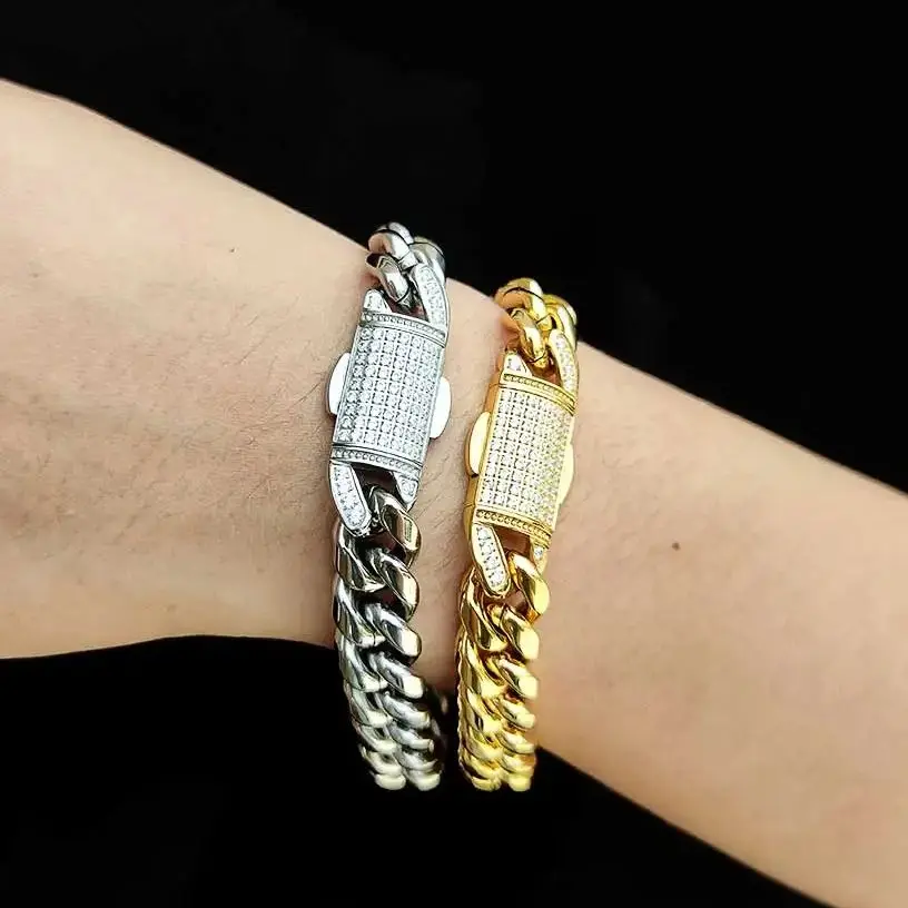 Hip Hop Jewelry Cuban Link Bracelet for Men Stainless Steel Iced Out With Full 5A Zircon Box Lock Dropshipping