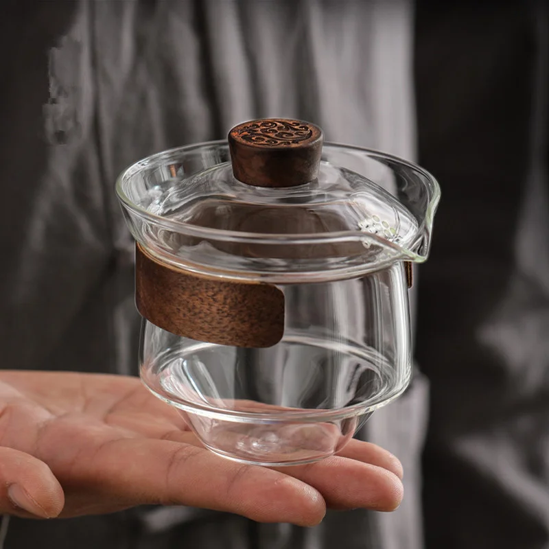 Walnut Wood Scald Proof Holder Heat-resistant Glass Gaiwan Tea Tureen Sancai Cup Tea Set Chahai Kung Fu Cup with Lid