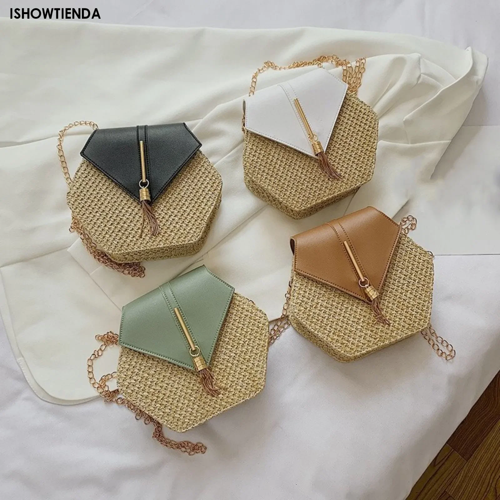 

Hexagon Straw Shoulder Bag Women Summer Rattan Bag Handmade Woven Beach Bohemia Bolsa Feminina Chain Crossbody Tassel Bag