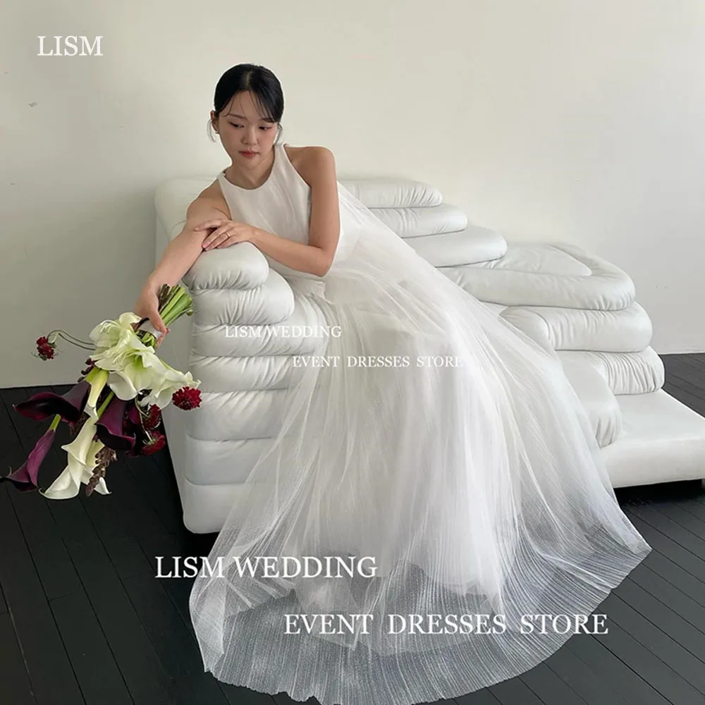 

LISM Simple Sleeveless Tulle Wedding Dress Korean Women Photoshoot Floor Length Vestidos De Novia Lace Up Formal Bride Dress