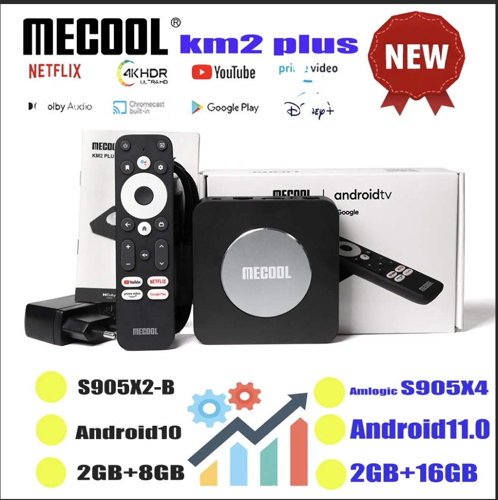 Android 11.0 TV Box, MECOOL KM2 Plus 2GB 16GB Smart TV Box with Netflix  Certified, Google Assistant Dolby Atmos, TV Box 4K Support AV1, 2.4G/5G