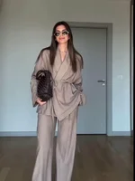 كارديجان كيمونو نسائي أحادي اللون وبناطيل ، برباط ، بلوزة برقبة على شكل حرف V ، بنطلون مستقيم ، موضة الربيع ، أزياء الصيف ، سيدتى ، بانتين ، 1