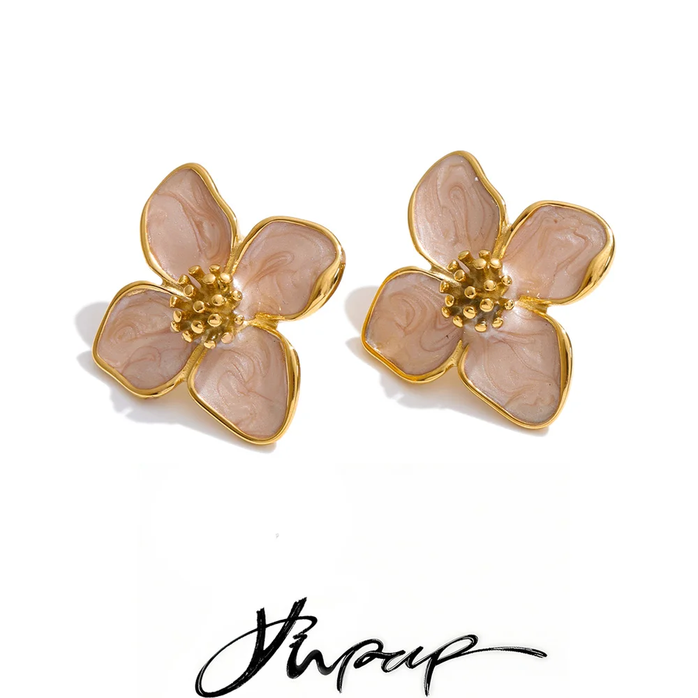 Yhpup Earrings Stainless Steel Enamel Flower Waterproof for Women 16K Golden