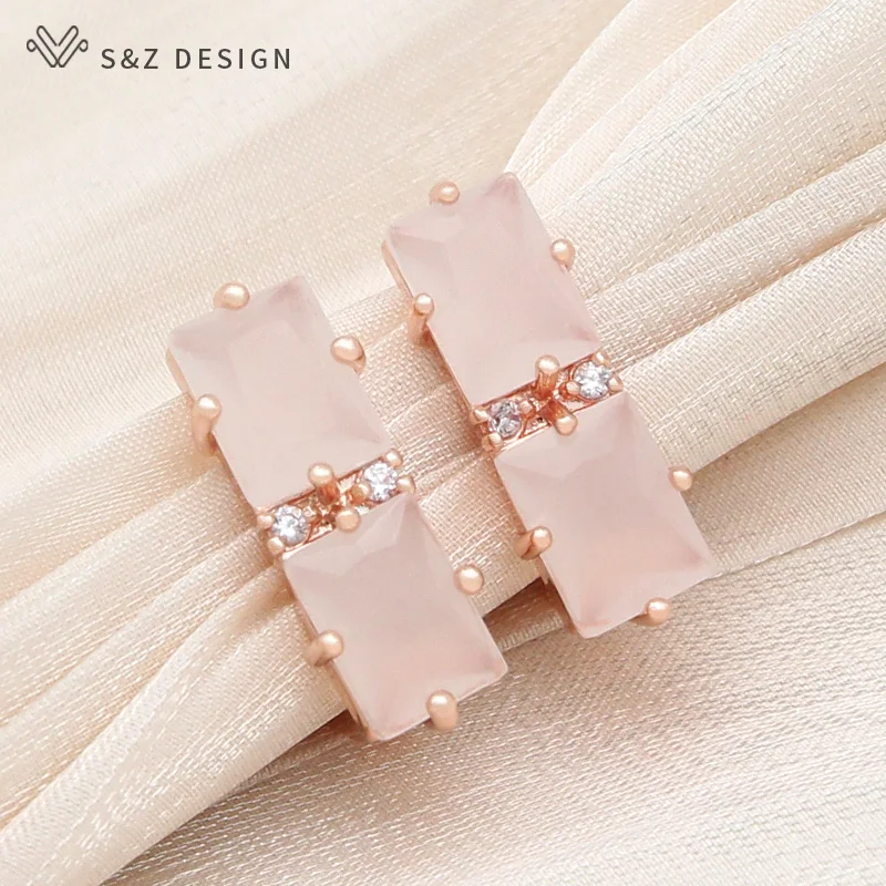 S&Z DESIGN New Fashion 585 Rose Gold Color Rectangle Crystal Drop Earrings For Women Wedding Jewelry Cubic Zirconia Eardrop