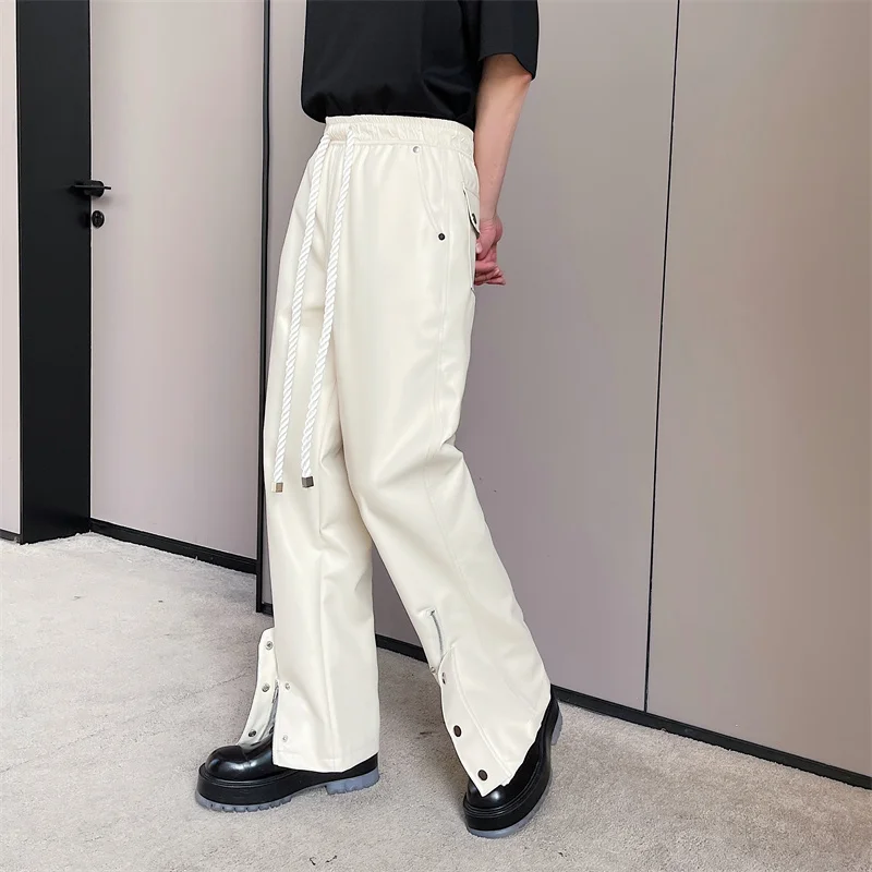 Men PU Leather Pants Button Zipper Thick Rope Decoration Streetwear Windproof Straight Trousers Punk Trend Baggy Pantalon