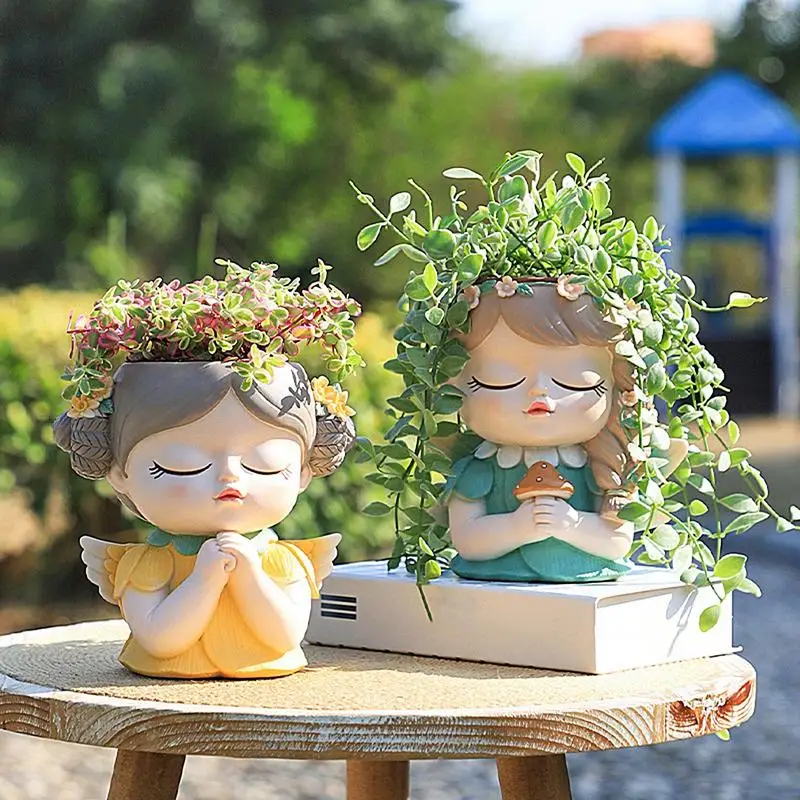 

Girls Face Head Figurine Flower Pot Resin Face Planters Pots Head Cartoon Girl Succulent Planter Indoor Outdoor Home Decor