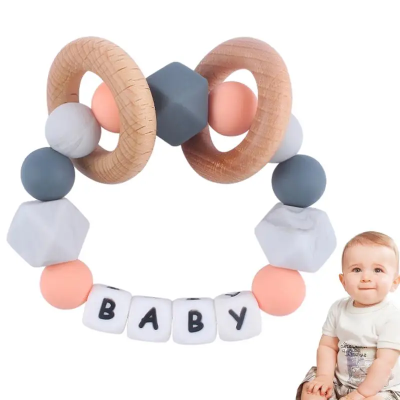 

Силиконовый жевательный браслет, силиконовый браслет для моляр, жевательные игрушки с двумя деревянными кольцами, зубные кольца, Портативная Игрушка для прорезывания зубов