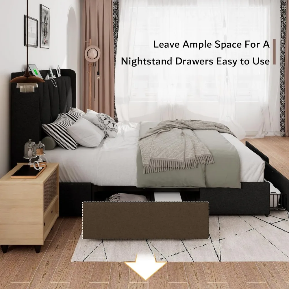 iPormis Queen Bed Frame with 4 Storage Drawers, Upholstered Platform Bed Frame with Charging Station, Modern Wingback Storage He