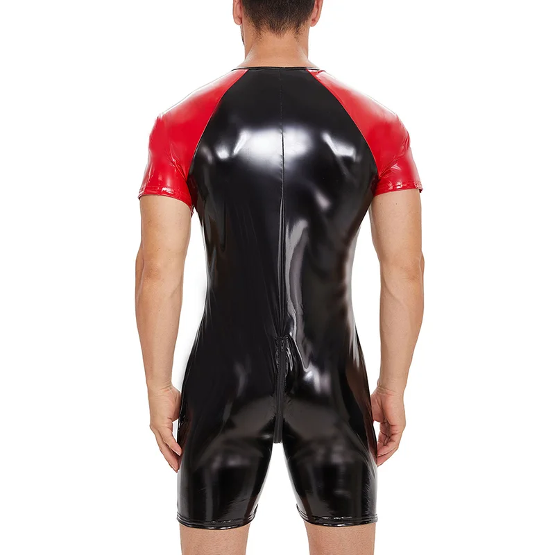 S to 7XL Shiny PVC Leather Jumpsuit for Men Short Sleeve Sexy Open Crotch Slim Fit Tight Bodysuit Zip One Piece Catsuit Clubwear