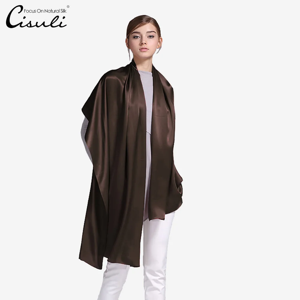 

100% Mulberry Silk Satin Scarf Pure Silk Women Long Shawl 55X180cm Solid Color Dark Brown 41