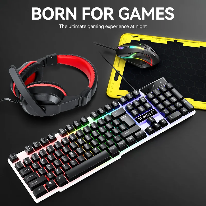 새로운 USB 키보드 및 마우스 게이밍 헤드셋 콤보 4 in 1 영어 게이밍 유선 키보드 마우스 세트 (마우스 패드 및 헤드폰 포함)