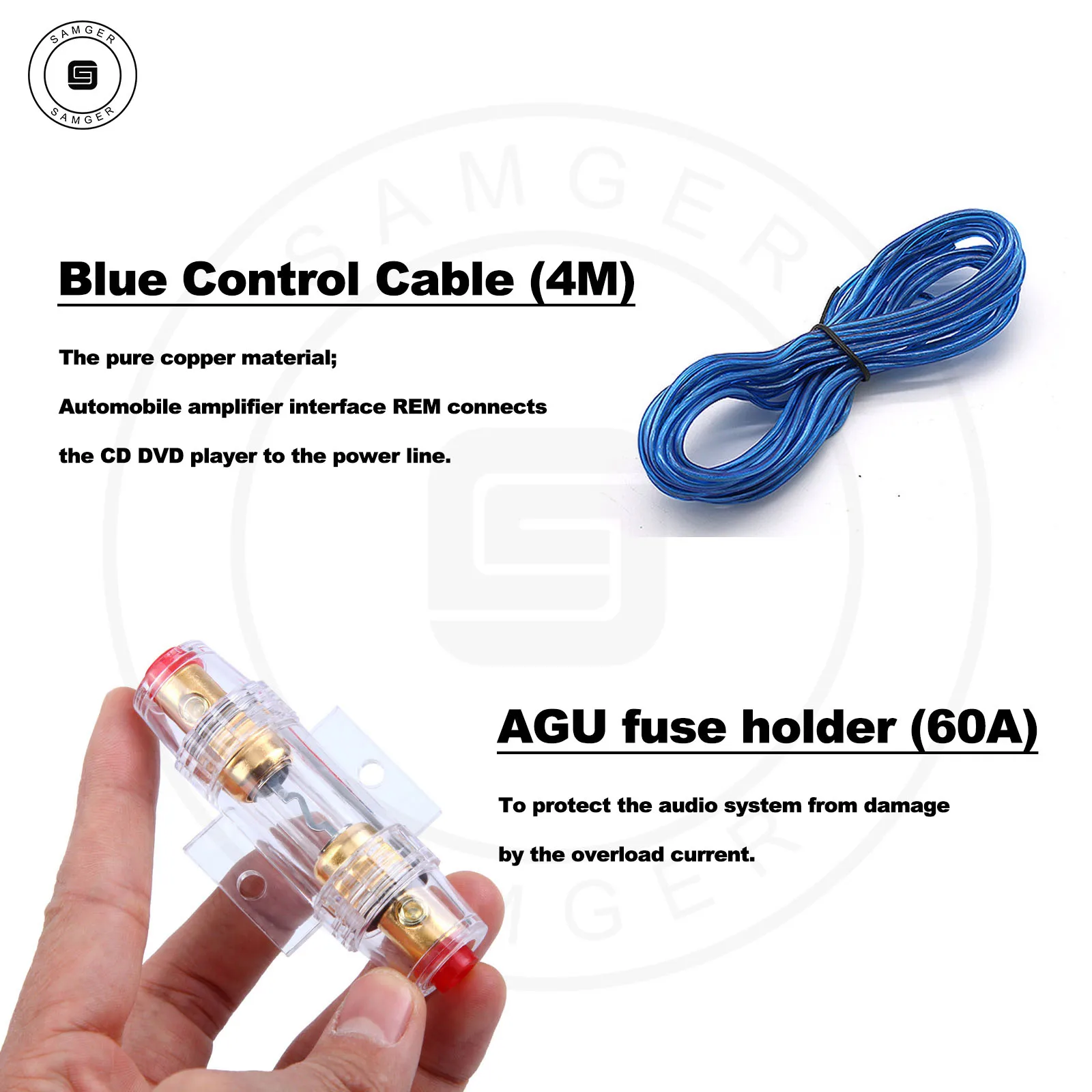 Samger 1500W Car Audio Wire 60A AGU Fuse Holder 18GA Blue Remote Power Cable Connection Kits Subwoofer Speaker Instal Wires Kit