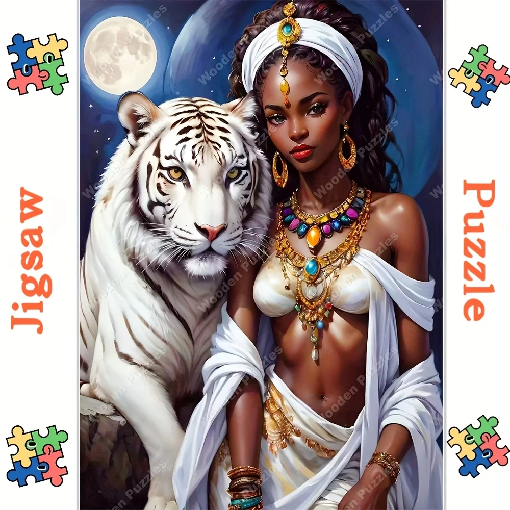 Fantasy Woman with White Tiger Under Moon Scene Jigsaw Puzzle Adult Fantasy Theme Intellectual Game Home Leisure Decorative Puzz