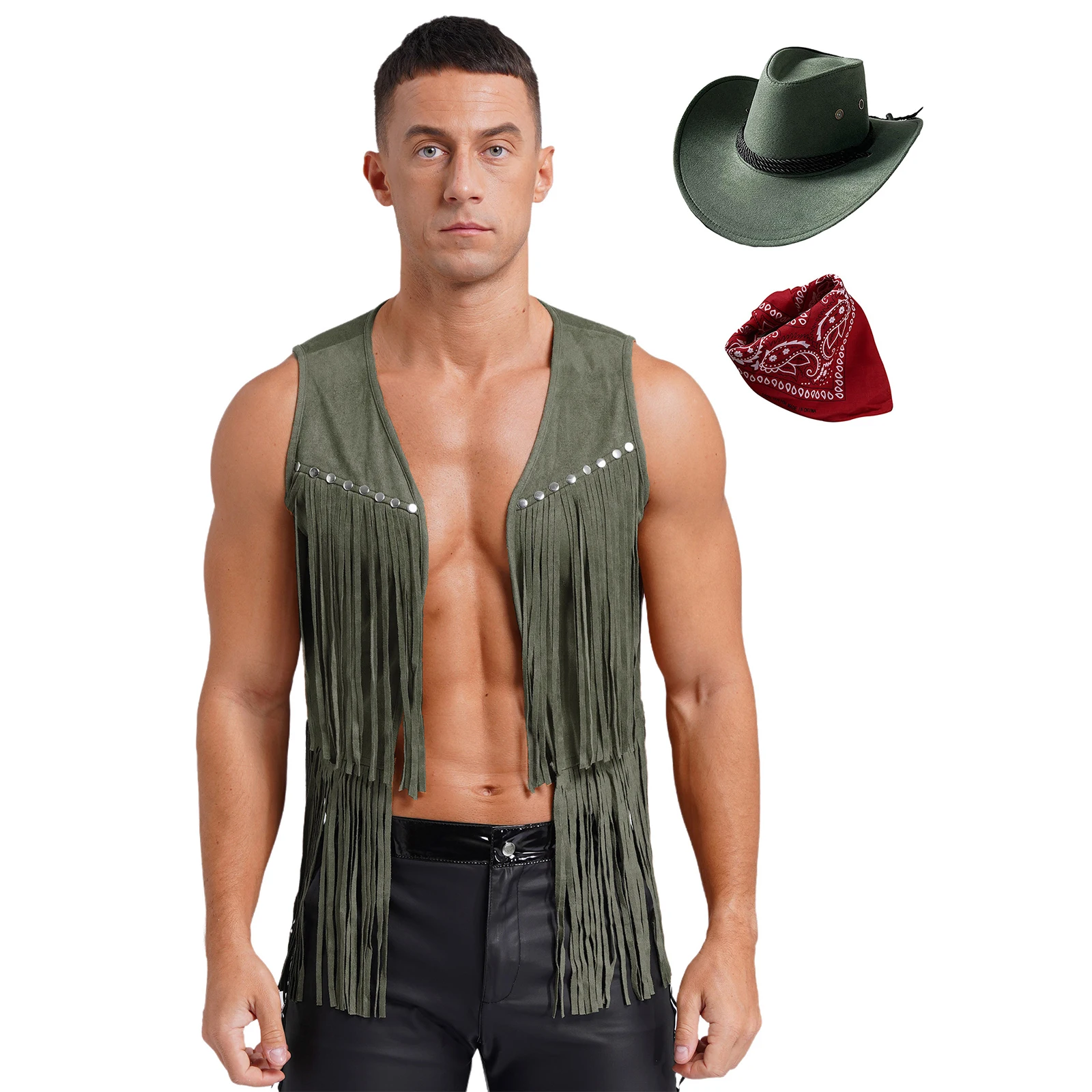 thumbnail image 1 of Conjunto de disfraz de vaquero occidental para hombre, para fiesta de Halloween, con remaches de borlas de gamuza sintética, chaleco steampunk con sombrero y pañuelo, 1 of 5