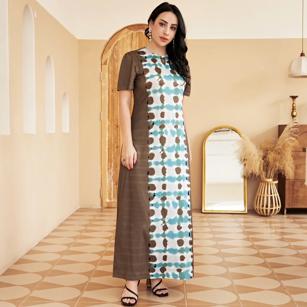Fridayin Muslim Abaya Summer Dignified Long Dresses Women Printing Tie-dye Split Round Neck Slim Skirts Kaftan for Ladies
