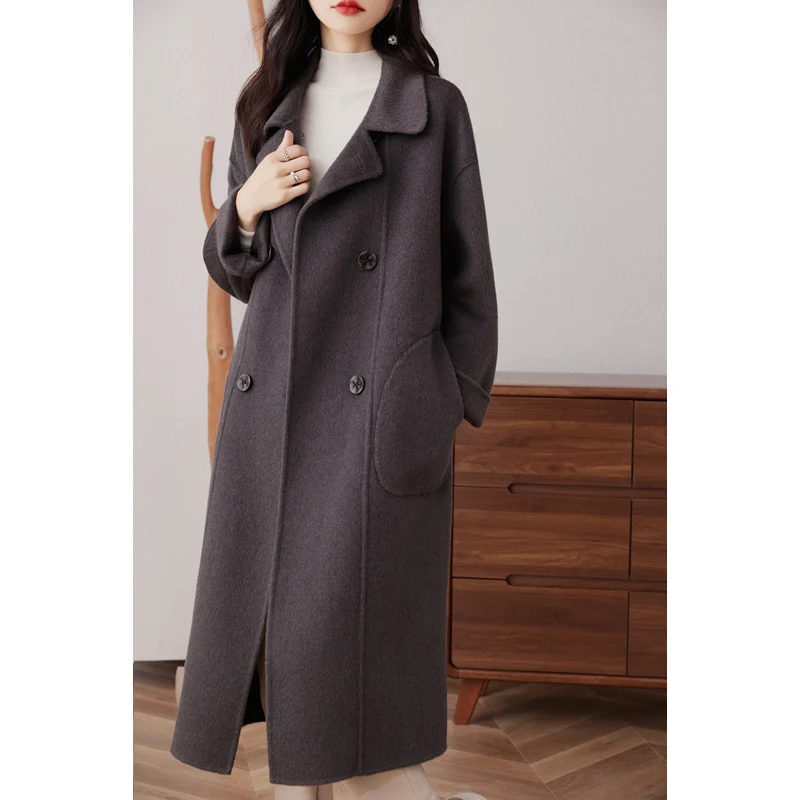 Women's High-End Double-Sided Cashmere Coat, Mid-length, Over-the-Knee, Double-Breasted, 100% Pure Wool