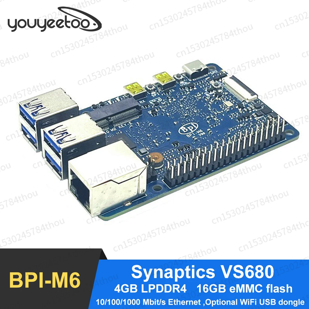 

Banana Pi BPI-M6 Synaptics VideoSmart VS680 1 GbE ethernet 4GB LPDDR4 16GB eMMC NPU Up to 6 .75Tops Imagination GE9920 GPU