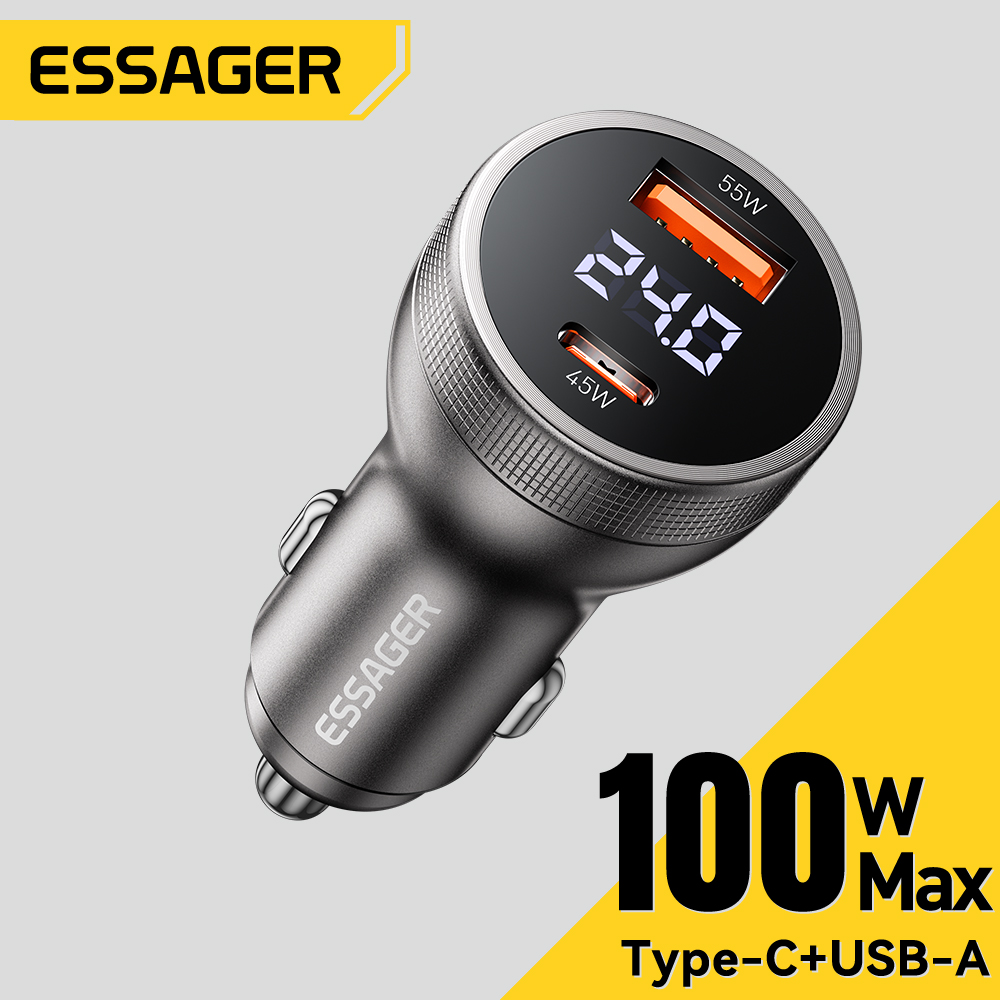 Essager 100W USB C Car Charger PD3.0 Fast Charging Quick Charge 4.0 Adapter for iPhone 16 MacBook Xiaomi Laptop Digital Dispaly