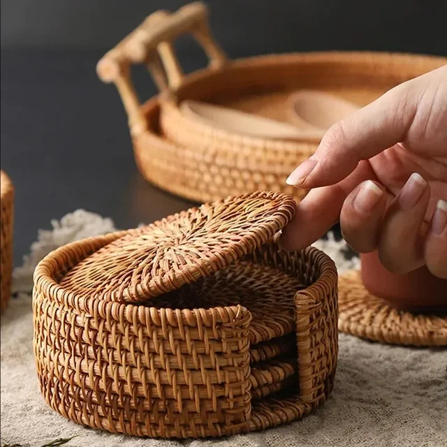 3Pcs/6Pcs Drink Coasters Tea Accessories Round Tableware Placemat Dish Mat Rattan Weave Cup Heat Insulation Mat Pad Diameter 8Cm