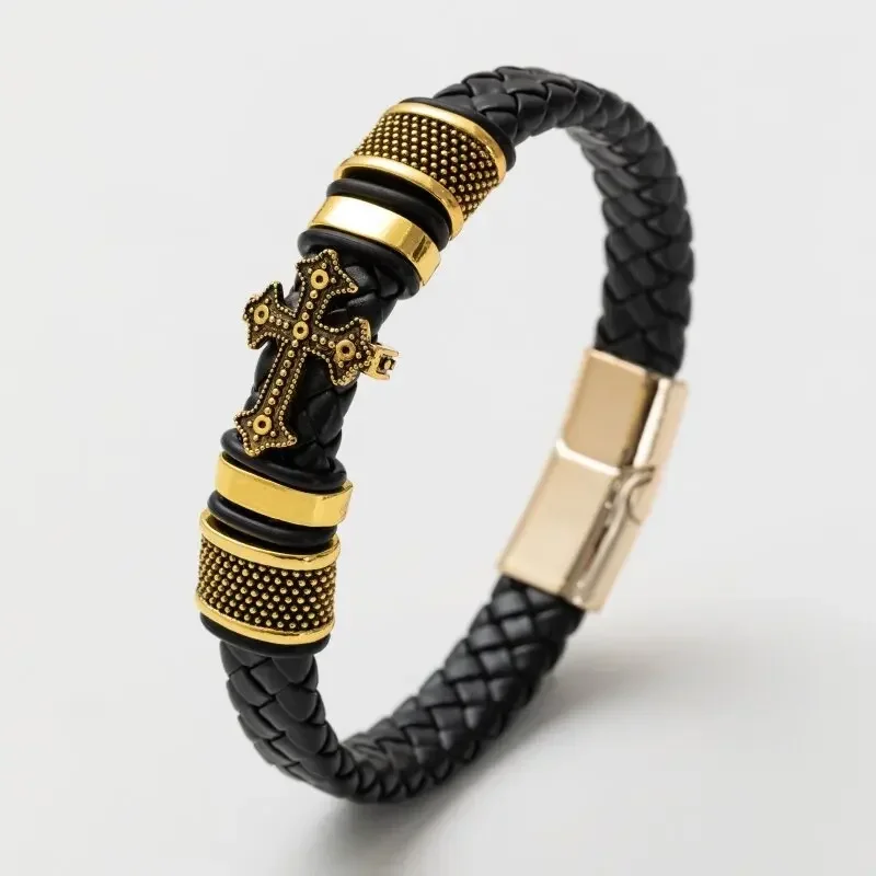 Hand Woven Leather Cross Bracelet Magnetic Clasp Men's Fashion Pendant Religious Amulet Jewelry leather bracelet leather magnetic bracelet