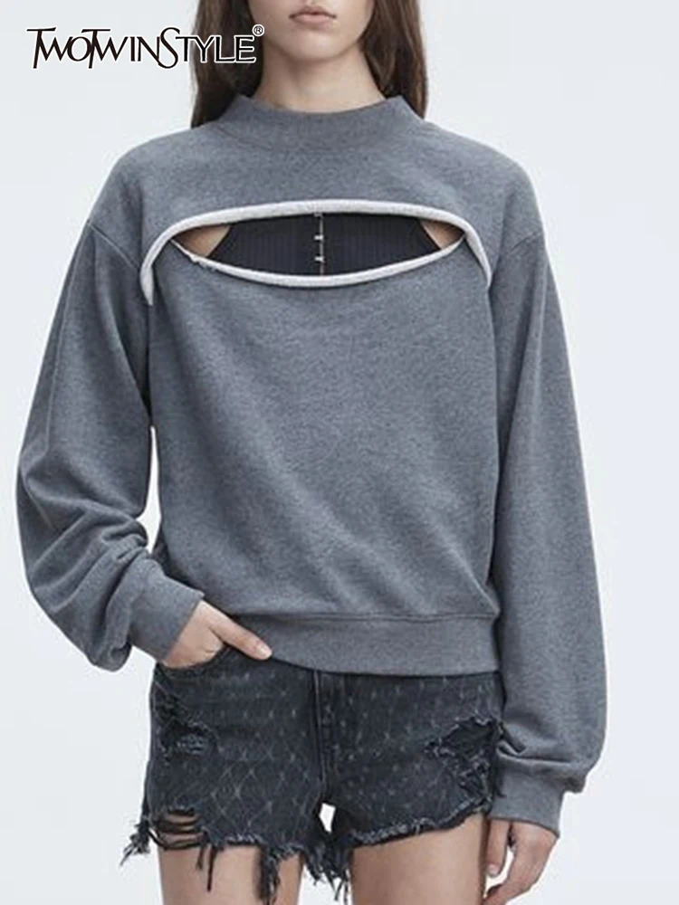 

Женский свитшот с вырезами TWOTWINSTYLE, Свободный Повседневный пуловер с круглым вырезом и длинными рукавами в уличном стиле,