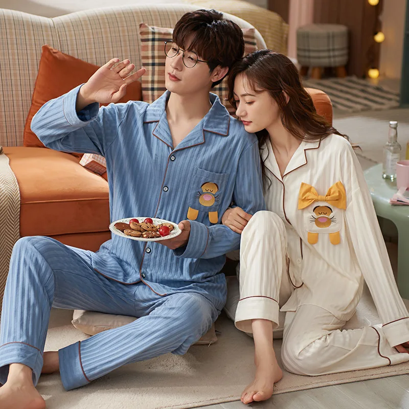 Autumn Cotton Women's Long Sleep Tops Pant Pajamas Set Man's Pijamas Suit Sleepwear Fashion Cardigan Home Suit Couples Clothing