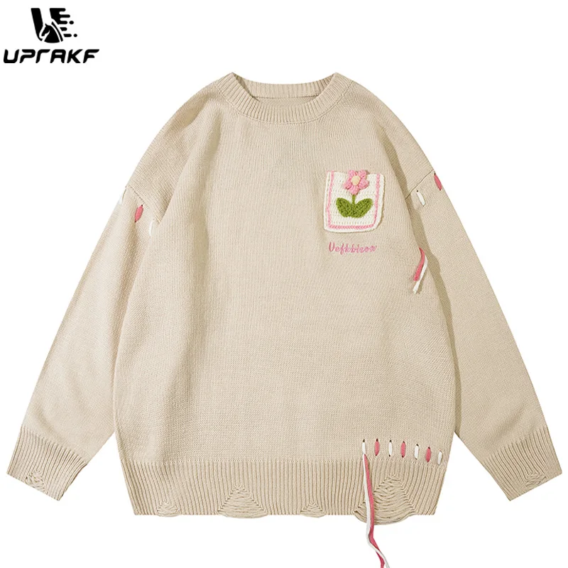 UPRAKF Flower Pocket Sweater Oversize Basic Autumn Warm Streetwear Long Sleeves Round Neck Fashion Pullovers