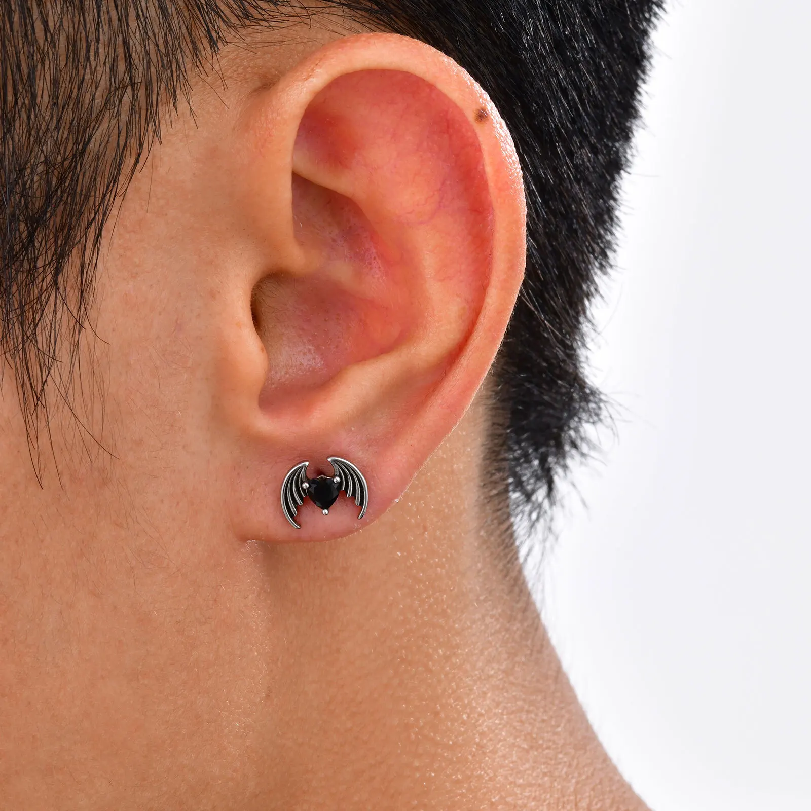 Gothic Wing Stainless Steel Stud Earrings for Men,Anti Allergy Black Heart Crystal Zircon Earring,PUNK Halloween Jewelry Gift