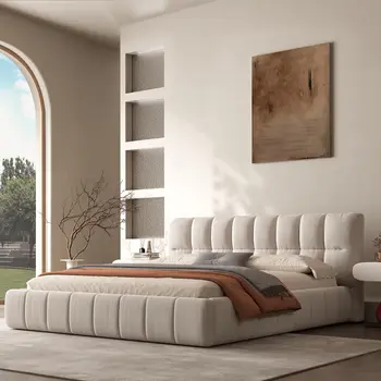 Queen Modern Cloud Platform Bed – 38.5" High Soft Headboard, Cream 2