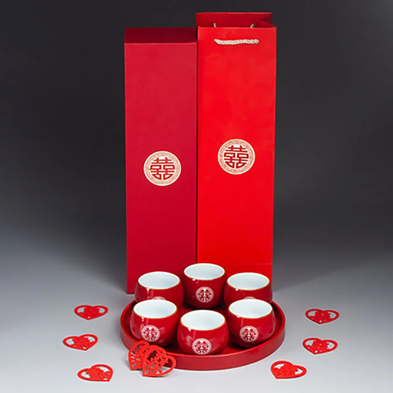 Ceramics Chinese Traditional Red Wedding Tea Cup Porcelain Teacups Luxury Souvenir Marriage Gifts For Bride and Groom
