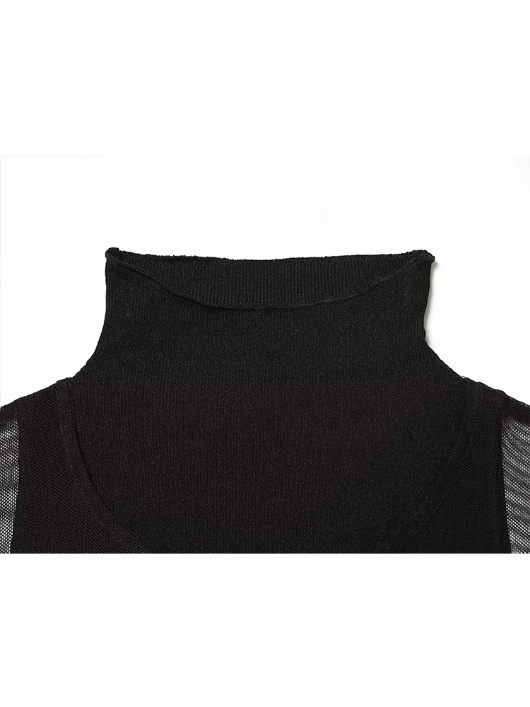 Elegant Women Fashion Midi Dress Solid Mesh Patchwork Double Layer Dresses Chic Turlteneck Sleeveless Two-Piece Dress Lady