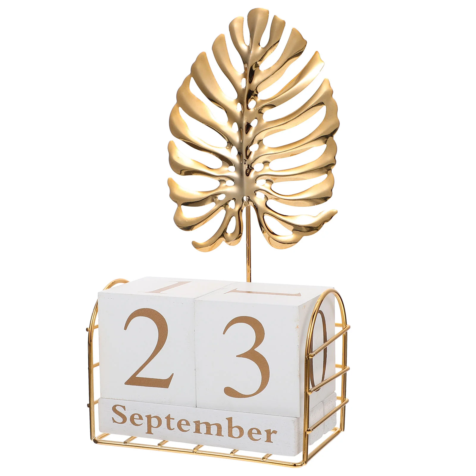 

Garneck Wooden Block Perpetual Desk Calendar with Metal Palm Leaf Sculpture and Flip Calendar Pages for Tropical Themed Parties
